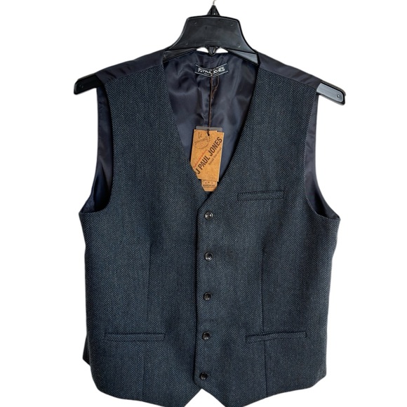 Paul Jones Wool Blend Navy Tweed Herringbone Waistcoat Vest Mens Medium Classic - Picture 4 of 13